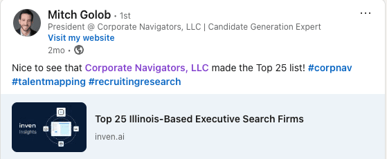 Mitch Golob LinkedIn post "nice to see that corporate navigators llc made the top 25 list!"